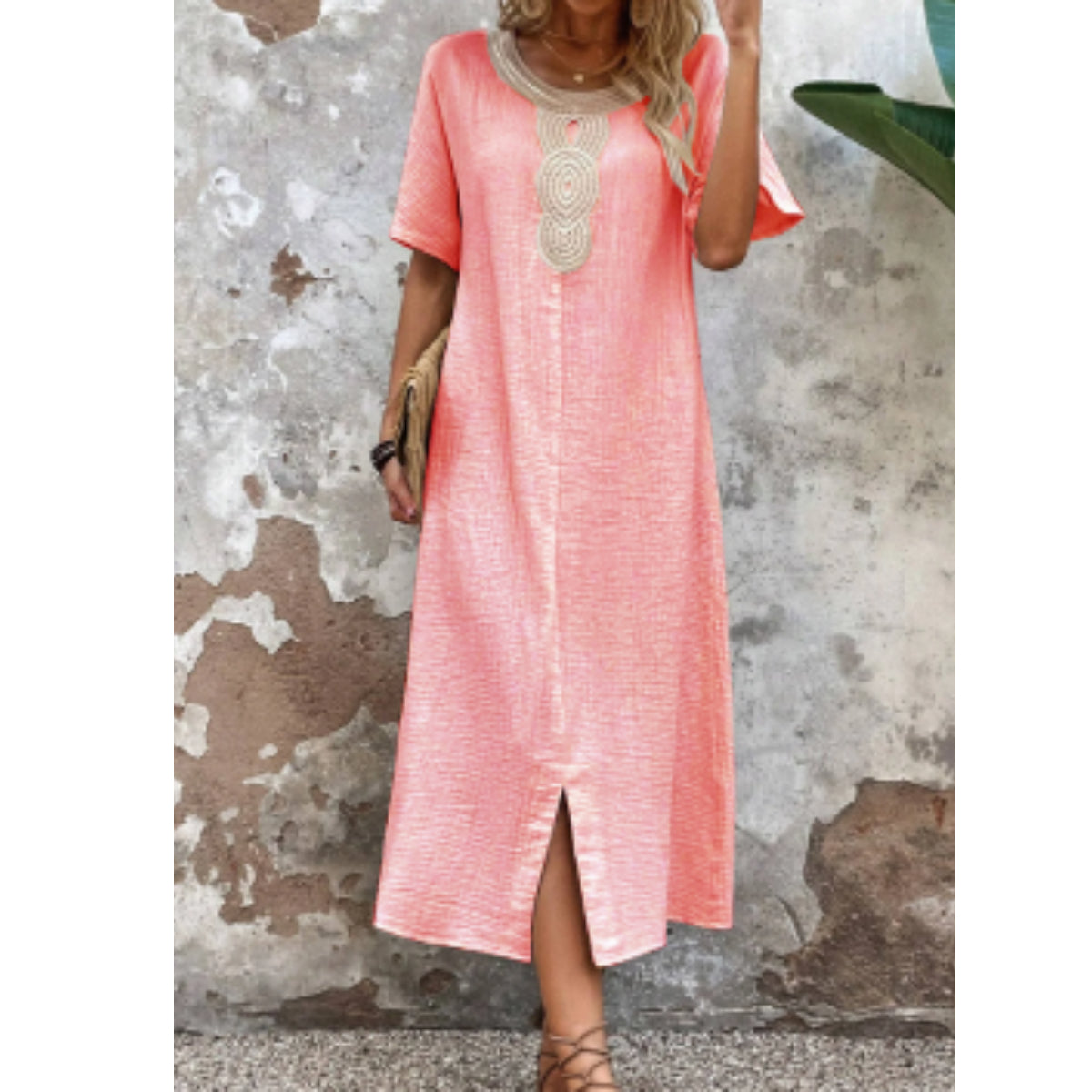 Damska sukienka z bawełny i lnu z okrągłym dekoltem i długą spódnicą