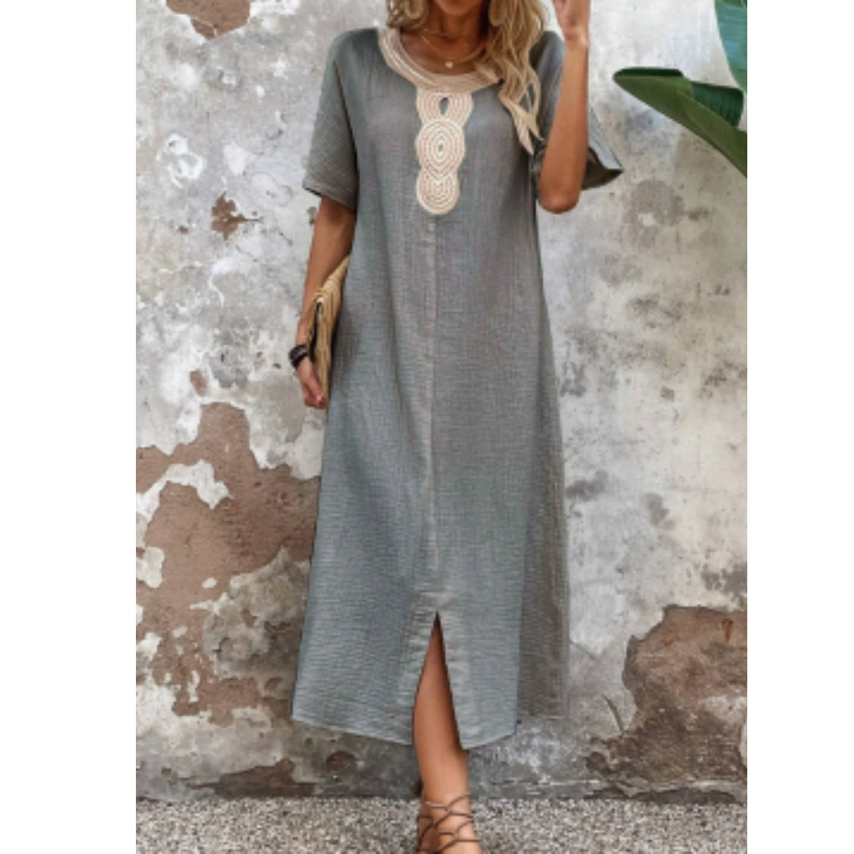 Damska sukienka z bawełny i lnu z okrągłym dekoltem i długą spódnicą